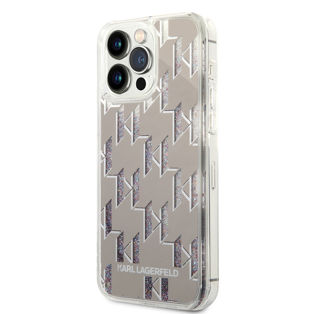 Puzdro pre Apple iPhone 14 Pro Max, Karl Lagerfeld, Liquid Glitter Monogram, Strieborné