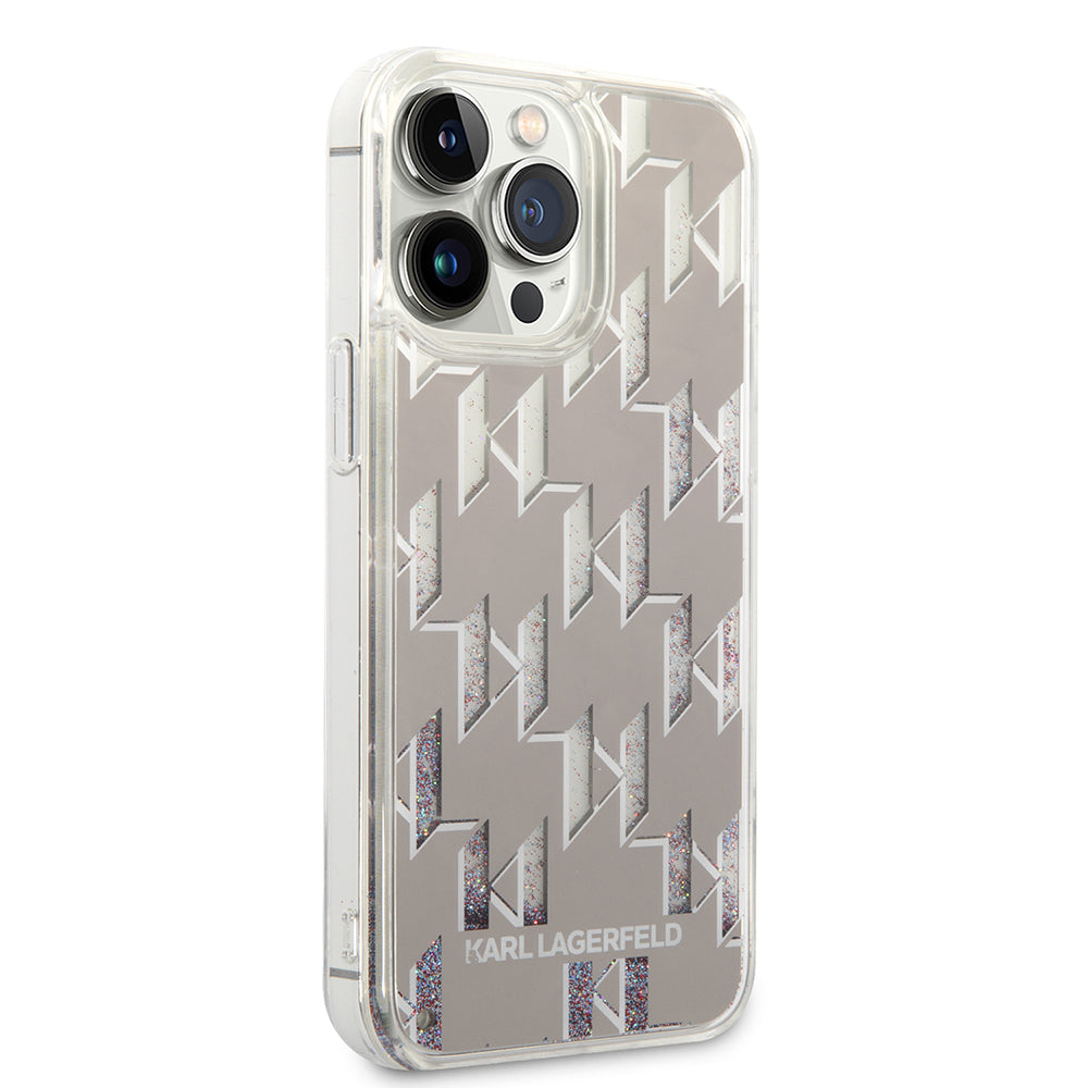 Puzdro pre Apple iPhone 14 Pro Max, Karl Lagerfeld, Liquid Glitter Monogram, Strieborné