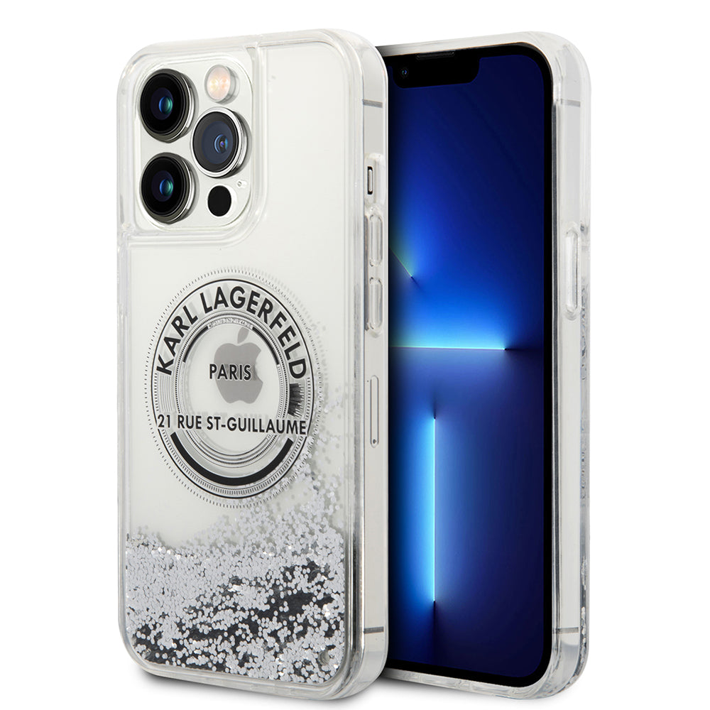 Puzdro pre Apple iPhone 14 Pro Max, Karl Lagerfeld, Liquid Glitter RSG, Strieborné
