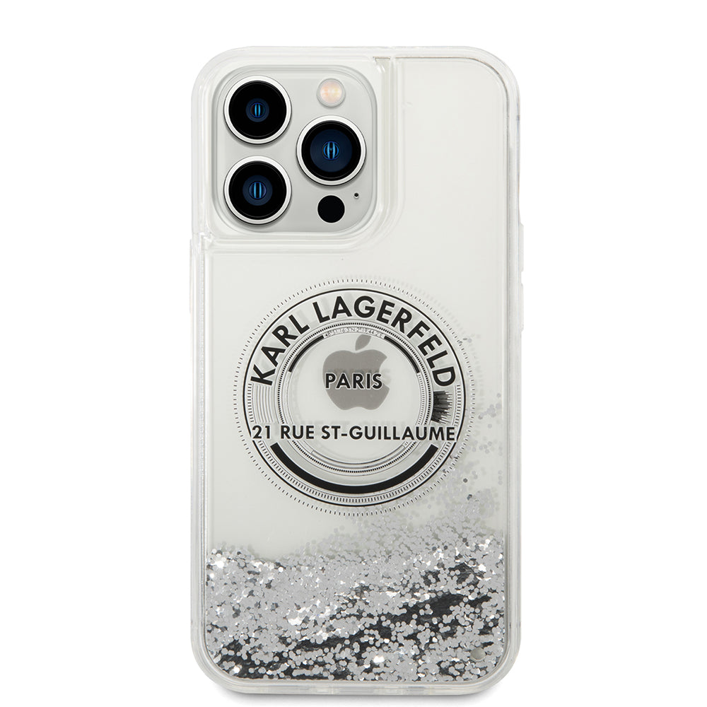 Puzdro pre Apple iPhone 14 Pro Max, Karl Lagerfeld, Liquid Glitter RSG, Strieborné