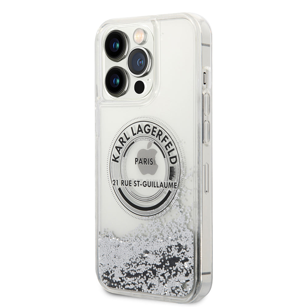 Puzdro pre Apple iPhone 14 Pro Max, Karl Lagerfeld, Liquid Glitter RSG, Strieborné