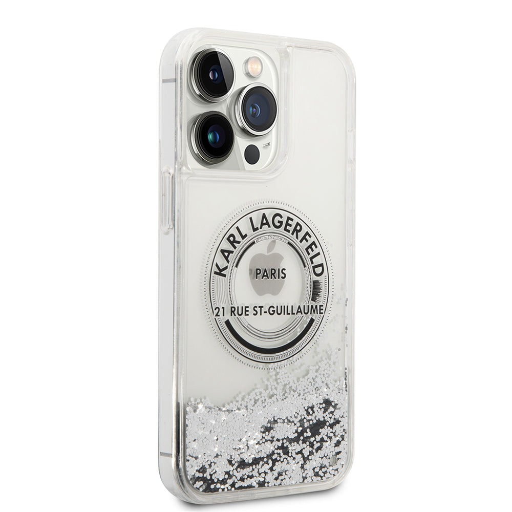 Puzdro pre Apple iPhone 14 Pro Max, Karl Lagerfeld, Liquid Glitter RSG, Strieborné