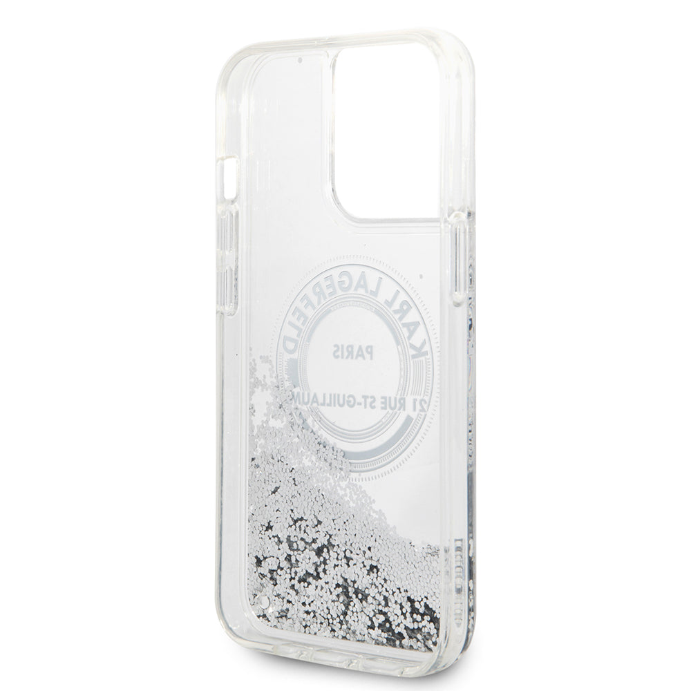 Puzdro pre Apple iPhone 14 Pro Max, Karl Lagerfeld, Liquid Glitter RSG, Strieborné