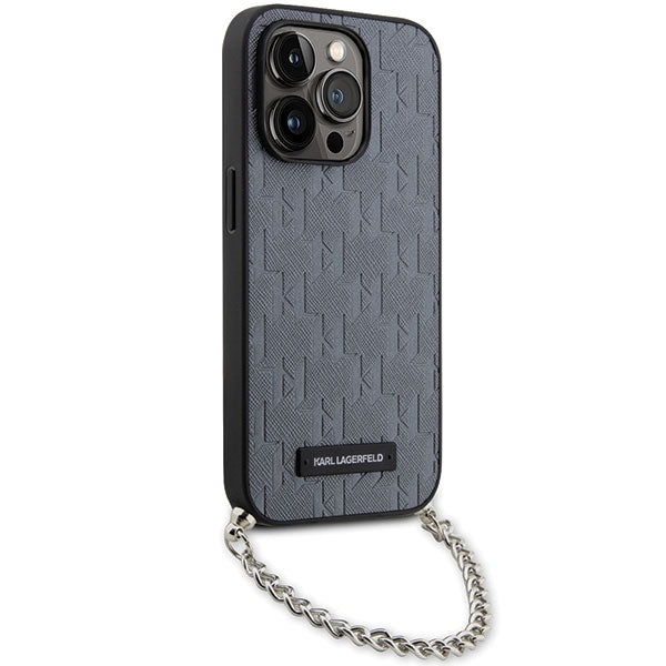Puzdro pre Apple iPhone 14 Pro Max, Karl Lagerfeld, Saffiano Monogram Chain, Strieborné