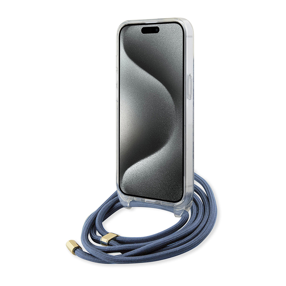 Puzdro pre Apple iPhone 15, Guess, Crossbody Cord 4G Print, Modrá