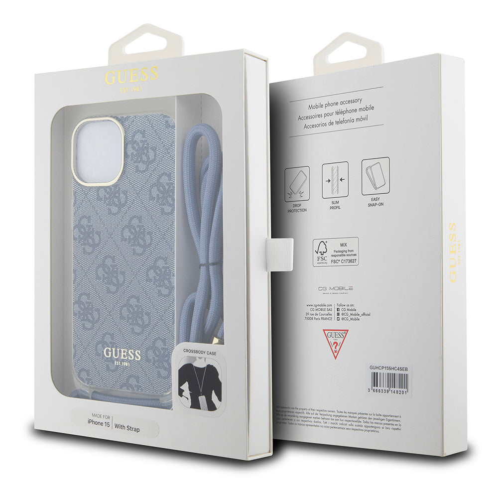 Puzdro pre Apple iPhone 15, Guess, Crossbody Cord 4G Print, Modrá