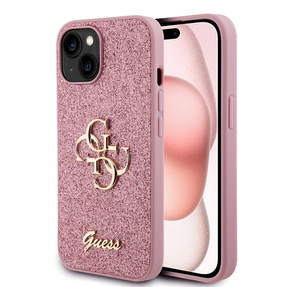 Puzdro pre Apple iPhone 15, Guess, Glitter Big 4G Script, Ružové