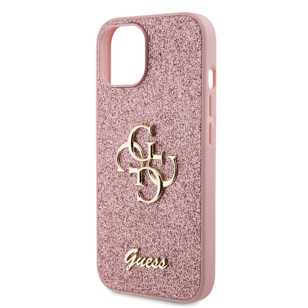 Puzdro pre Apple iPhone 15, Guess, Glitter Big 4G Script, Ružové