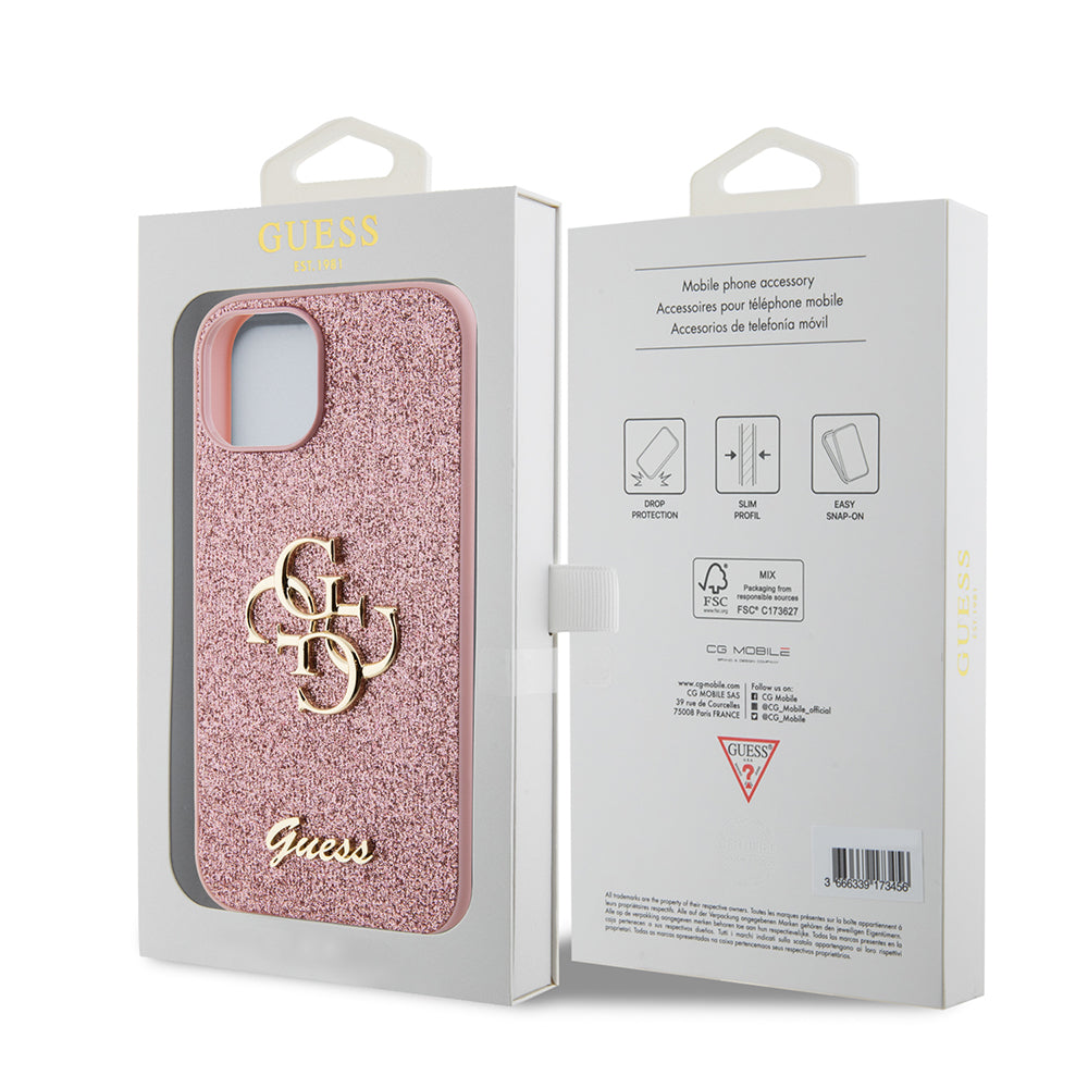 Puzdro pre Apple iPhone 15, Guess, Glitter Big 4G Script, Ružové