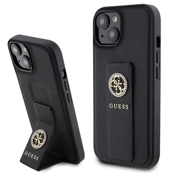Puzdro pre Apple iPhone 15, Guess, Grip Stand 4G Saffiano Strass, Čierne