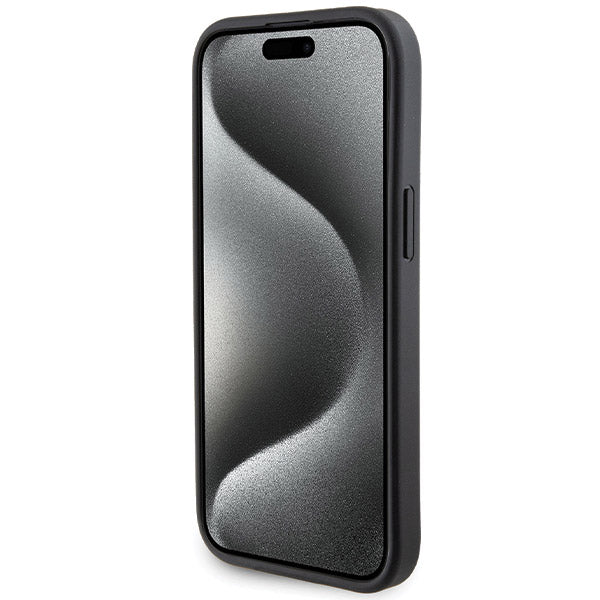 Puzdro pre Apple iPhone 15, Guess, Grip Stand 4G Saffiano Strass, Čierne