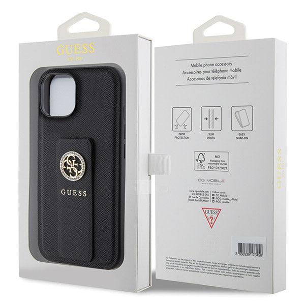 Puzdro pre Apple iPhone 15, Guess, Grip Stand 4G Saffiano Strass, Čierne