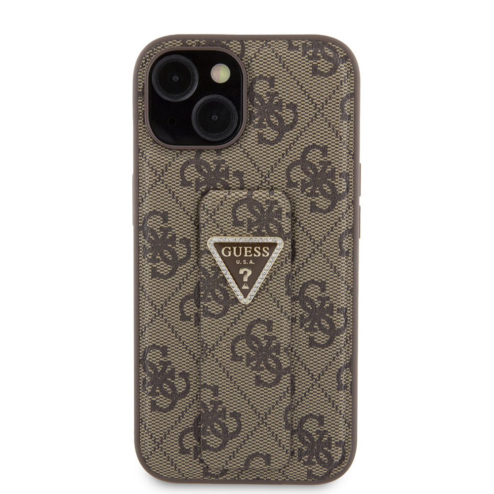 Puzdro pre Apple iPhone 15, Guess, Grip Stand 4G Triangle Strass, Hnedé