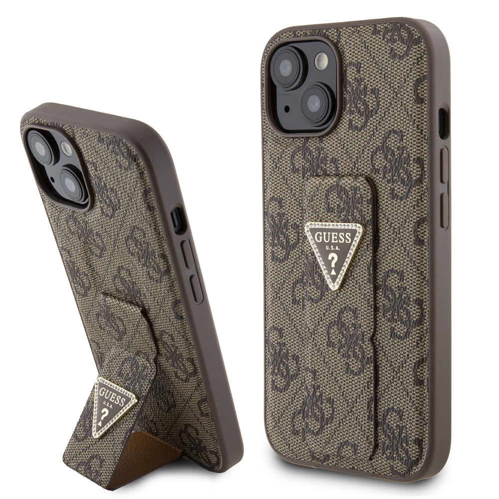 Puzdro pre Apple iPhone 15, Guess, Grip Stand 4G Triangle Strass, Hnedé