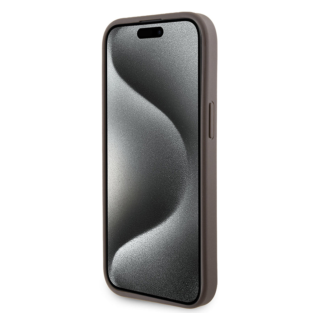 Puzdro pre Apple iPhone 15, Guess, Grip Stand 4G Triangle Strass, Hnedé