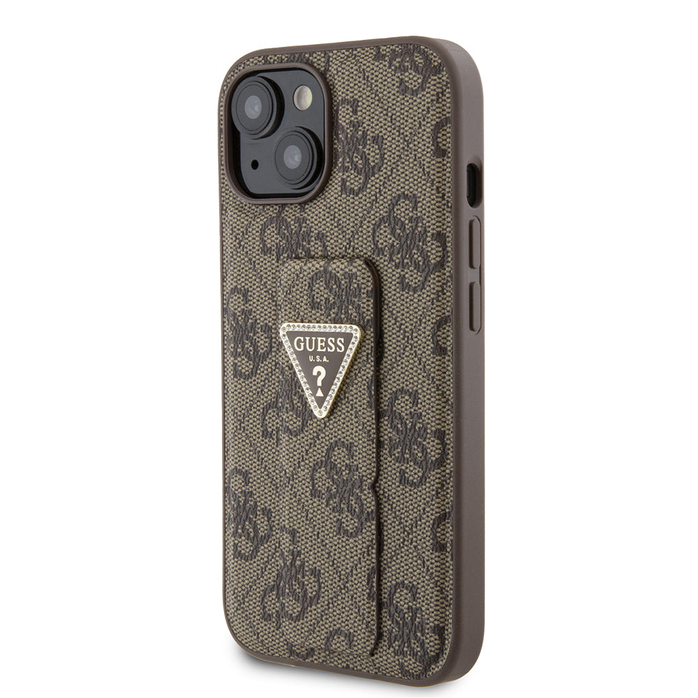 Puzdro pre Apple iPhone 15, Guess, Grip Stand 4G Triangle Strass, Hnedé
