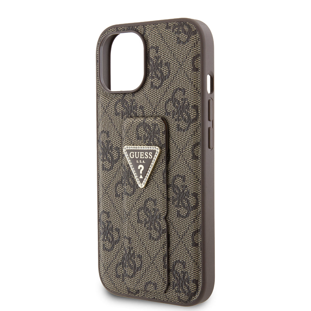 Puzdro pre Apple iPhone 15, Guess, Grip Stand 4G Triangle Strass, Hnedé