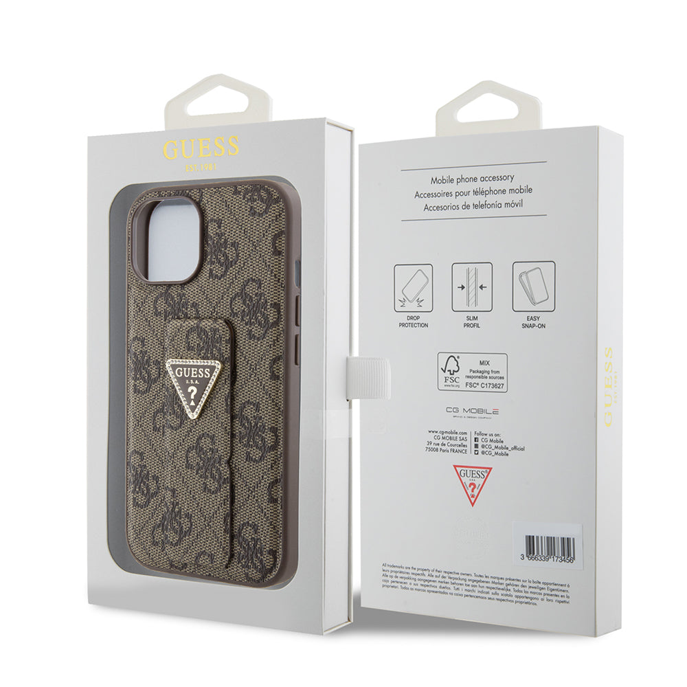 Puzdro pre Apple iPhone 15, Guess, Grip Stand 4G Triangle Strass, Hnedé