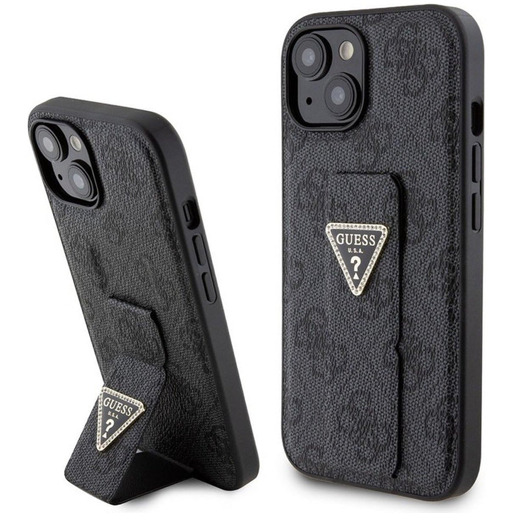 Puzdro pre Apple iPhone 15, Guess, Grip Stand 4G Triangle Strass, Čierne