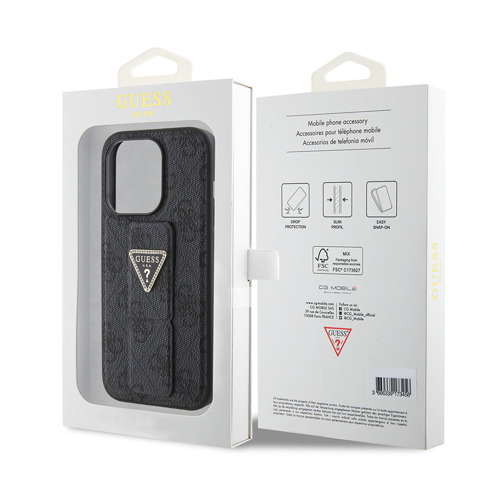 Puzdro pre Apple iPhone 15, Guess, Grip Stand 4G Triangle Strass, Čierne