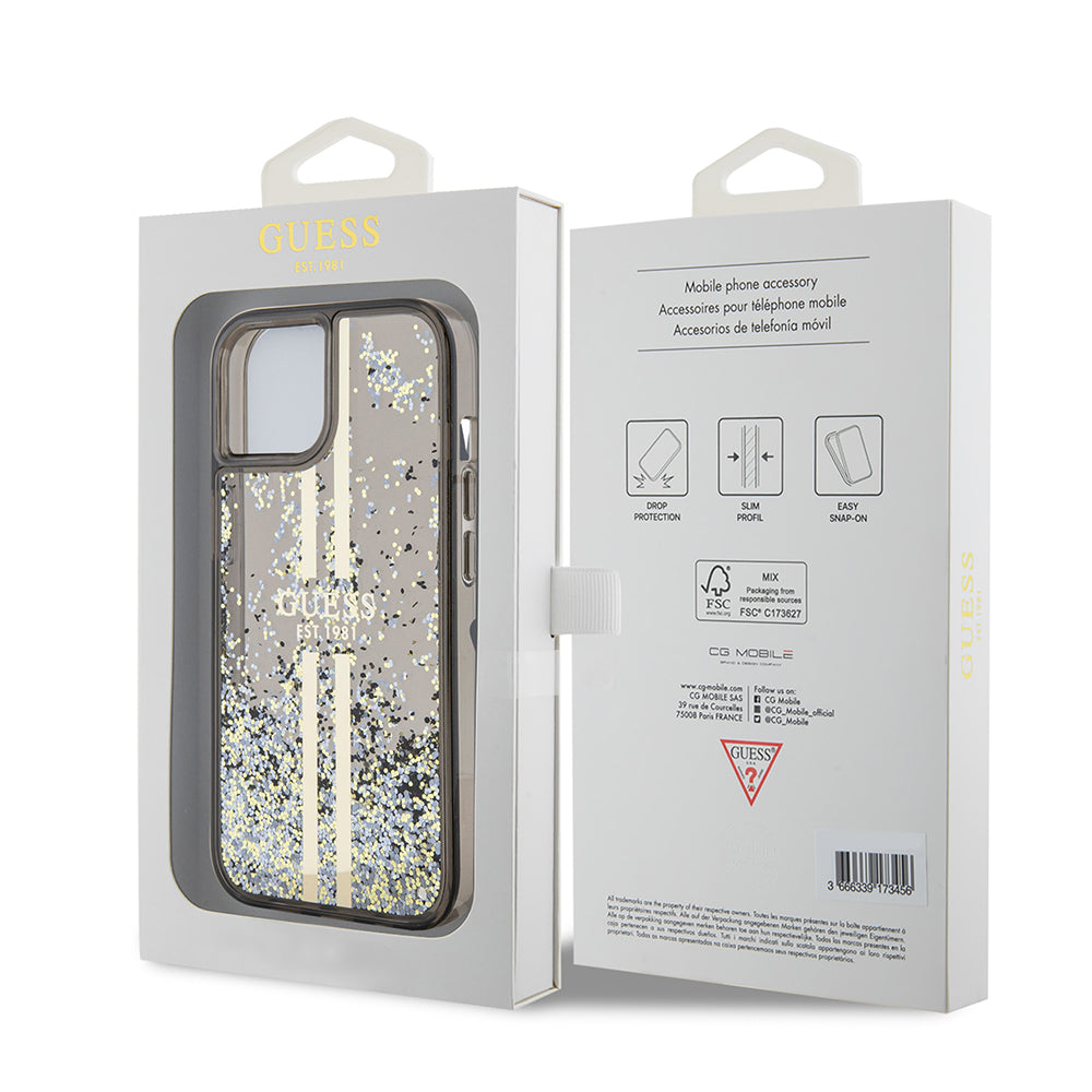 Puzdro pre Apple iPhone 15, Guess, Liquid Glitter Gold Stripes, Čierne