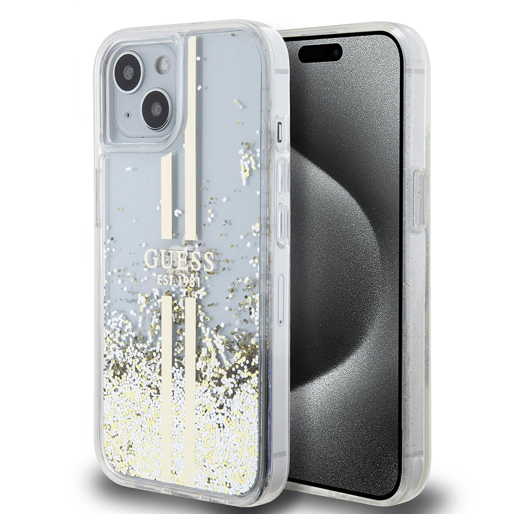 Puzdro pre Apple iPhone 15, Guess, Liquid Glitter Gold Stripes, Transparentné