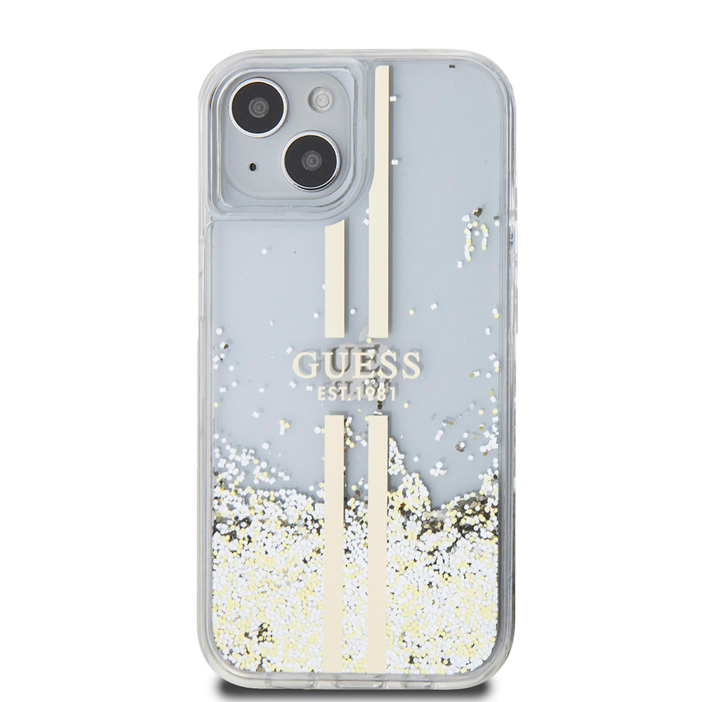 Puzdro pre Apple iPhone 15, Guess, Liquid Glitter Gold Stripes, Transparentné
