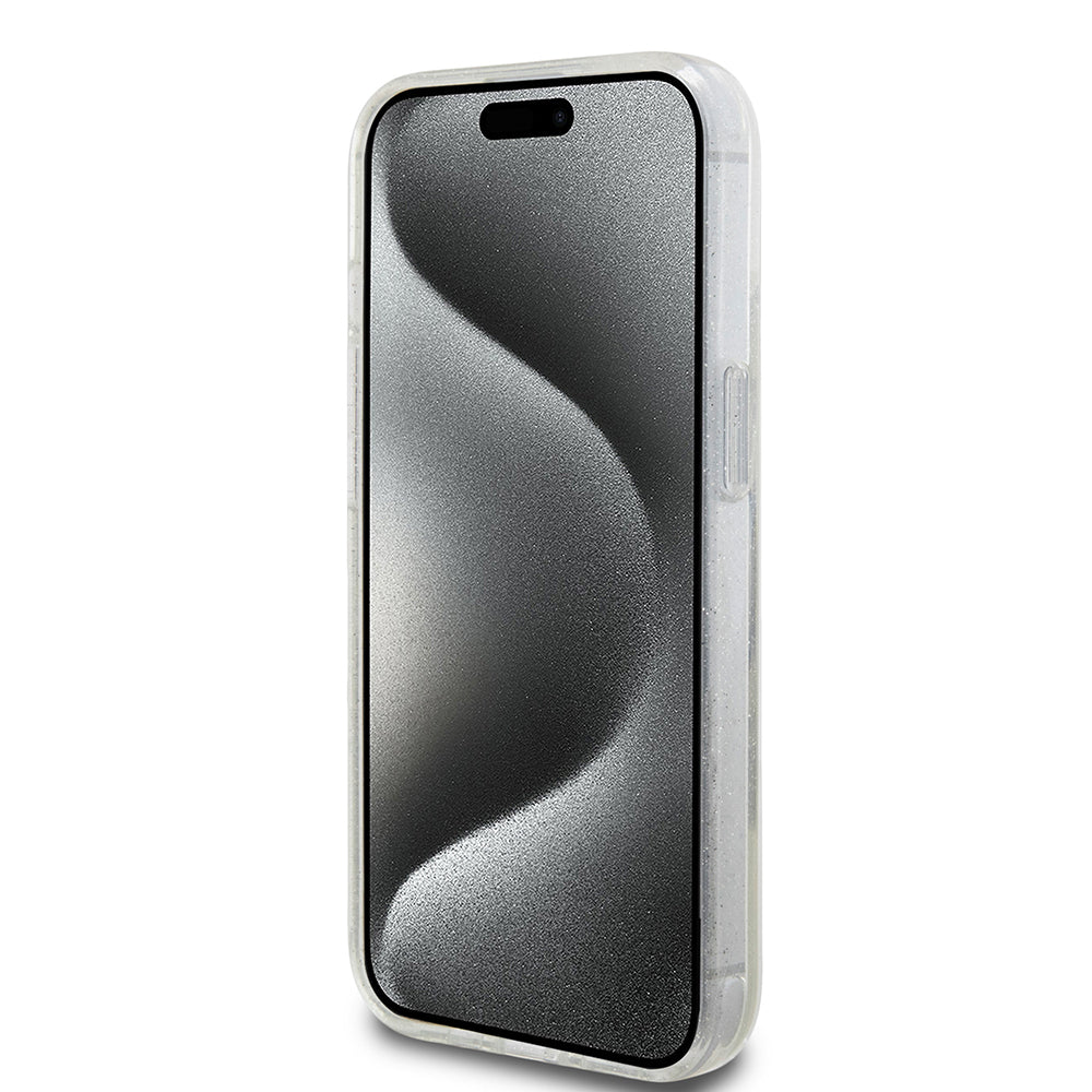 Puzdro pre Apple iPhone 15, Guess, Liquid Glitter Gold Stripes, Transparentné