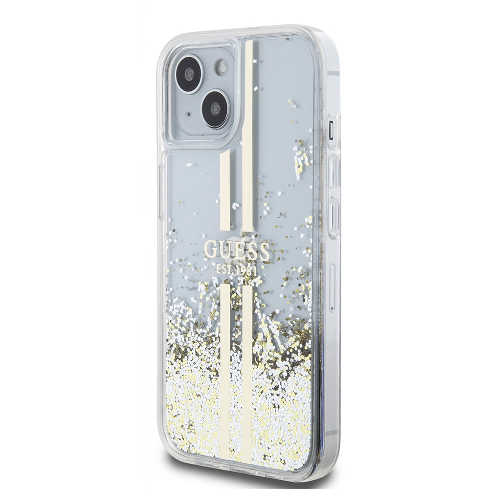 Puzdro pre Apple iPhone 15, Guess, Liquid Glitter Gold Stripes, Transparentné