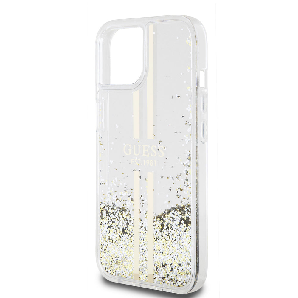 Puzdro pre Apple iPhone 15, Guess, Liquid Glitter Gold Stripes, Transparentné
