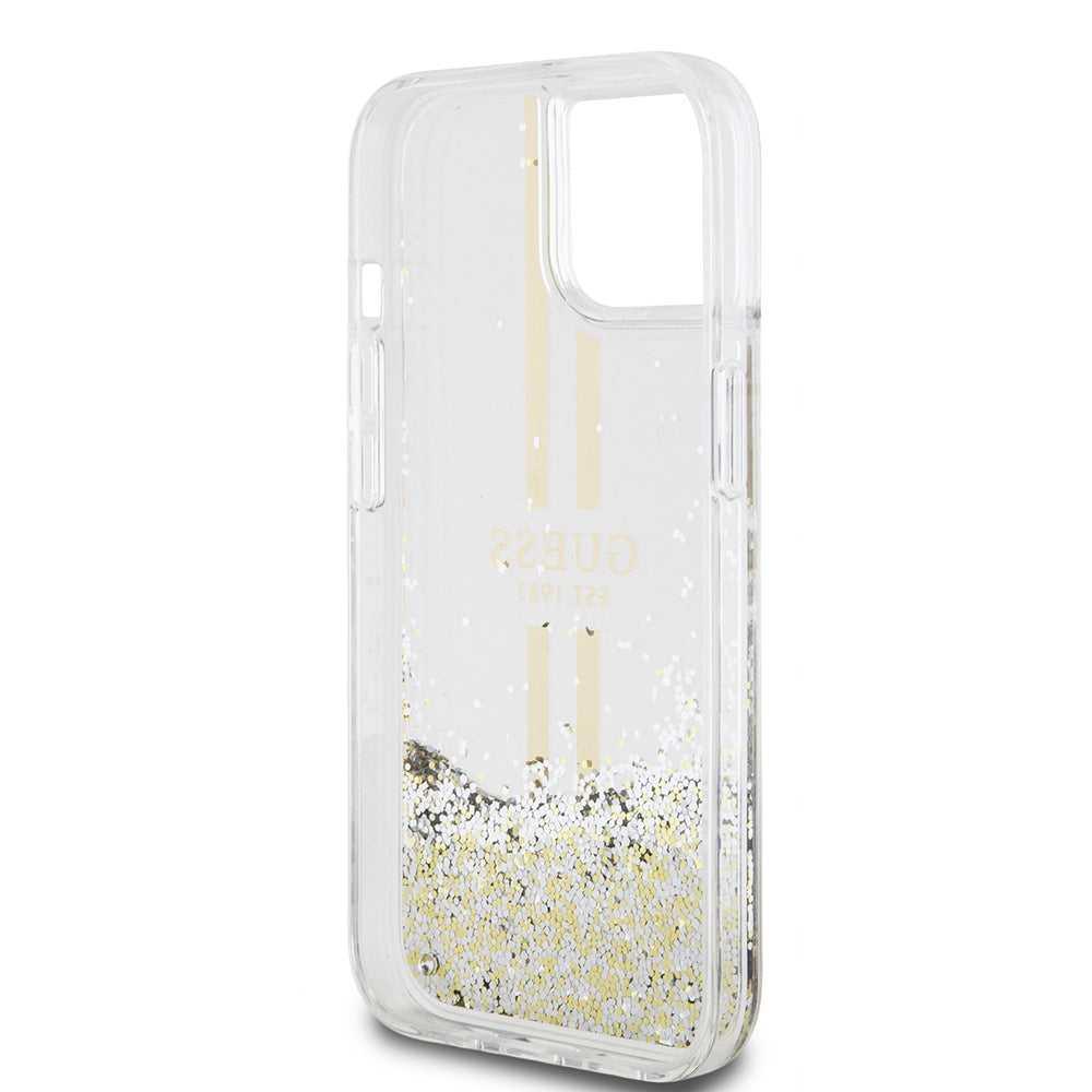 Puzdro pre Apple iPhone 15, Guess, Liquid Glitter Gold Stripes, Transparentné