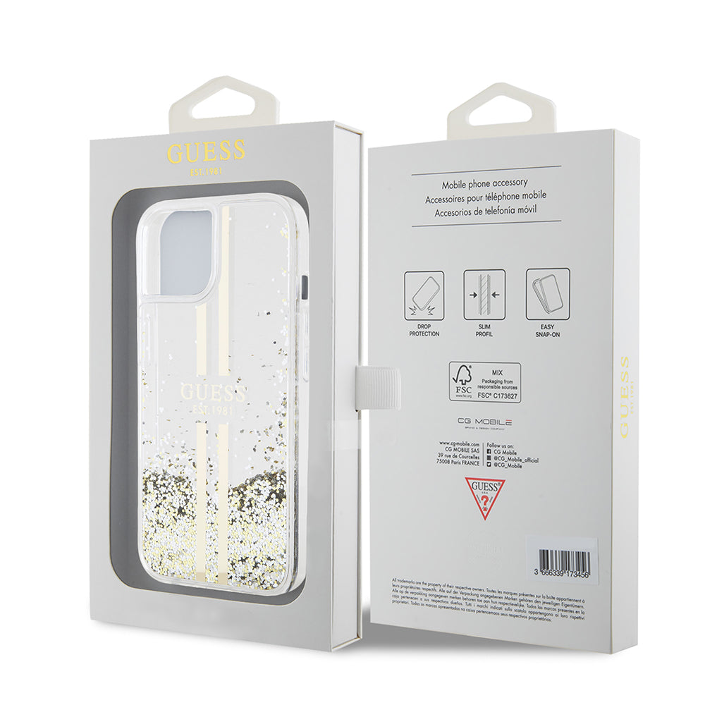 Puzdro pre Apple iPhone 15, Guess, Liquid Glitter Gold Stripes, Transparentné