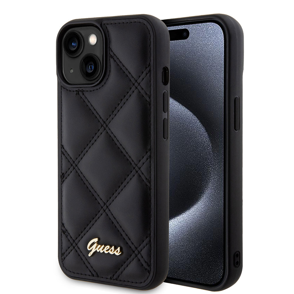 Puzdro pre Apple iPhone 15, Guess, Quilted Metal Logo, Čierne