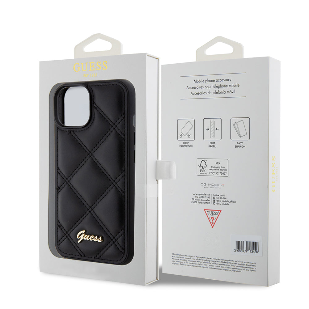 Puzdro pre Apple iPhone 15, Guess, Quilted Metal Logo, Čierne