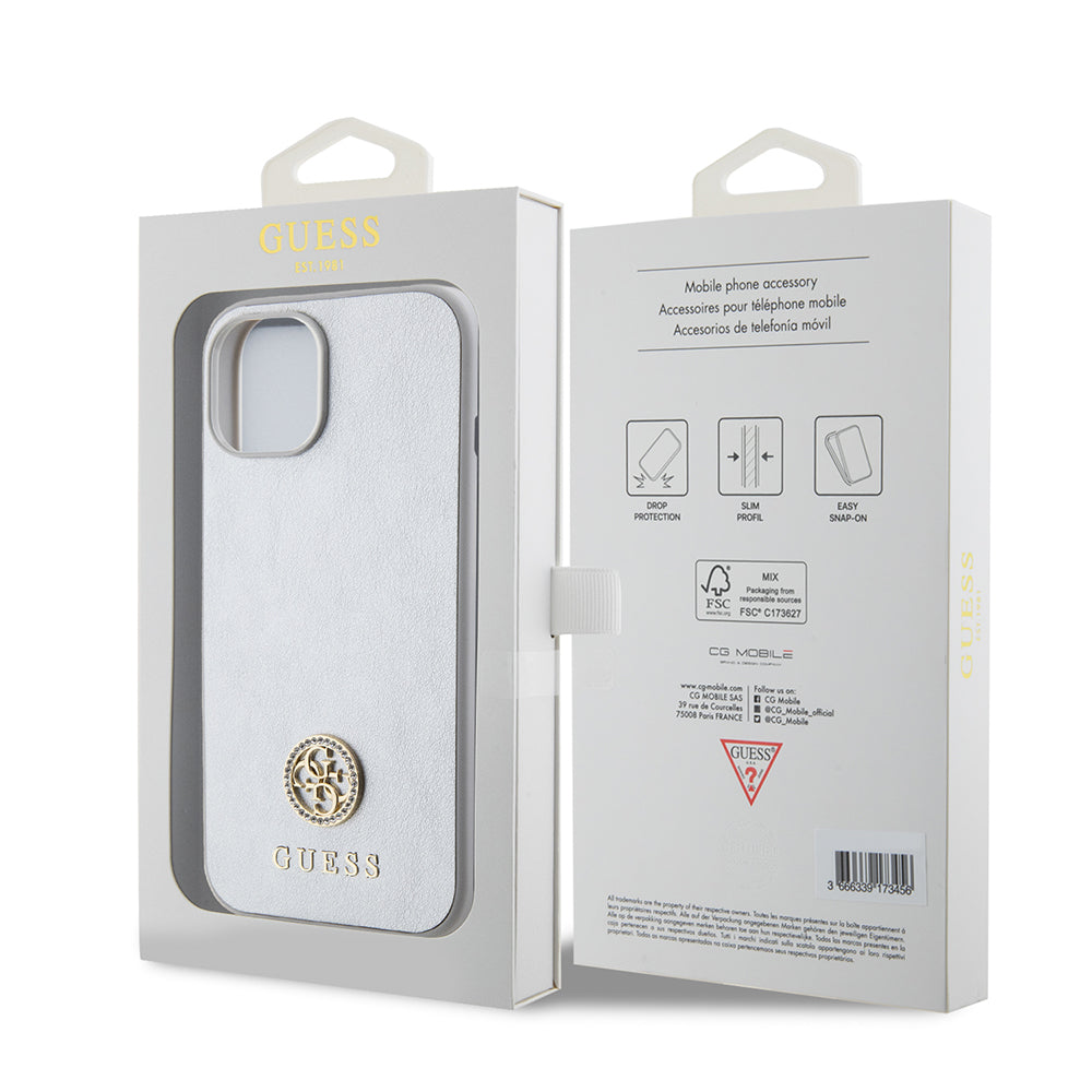 Puzdro pre Apple iPhone 15, Guess, Strass Metal Logo, Strieborné