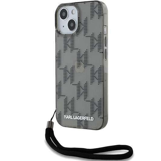 Puzdro pre Apple iPhone 15, Karl Lagerfeld, IML Luxury Monogram KL Pattern with Strap, Čierne