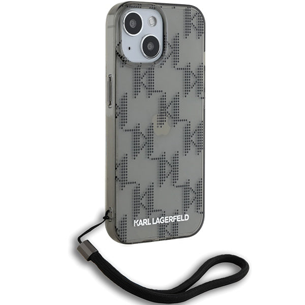 Puzdro pre Apple iPhone 15, Karl Lagerfeld, IML Luxury Monogram KL Pattern with Strap, Čierne