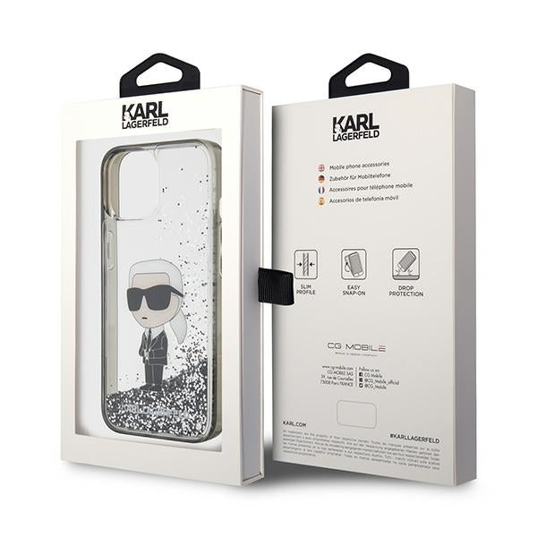 Puzdro pre Apple iPhone 15, Karl Lagerfeld, Liquid Glitter Ikonik Karl, Transparentné