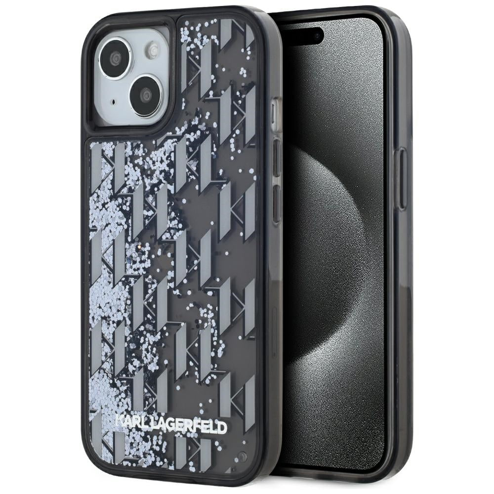 Puzdro pre Apple iPhone 15, Karl Lagerfeld, Liquid Glitter Monogram, Čierne