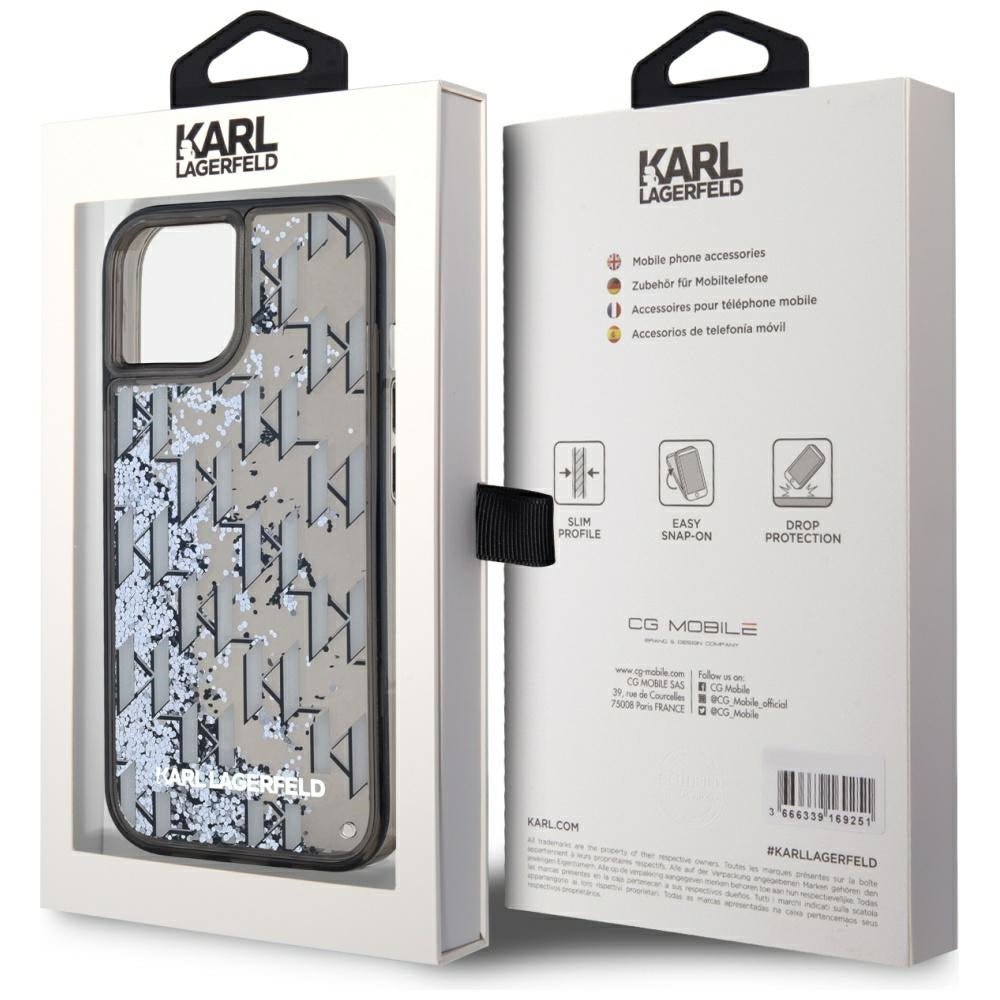 Puzdro pre Apple iPhone 15, Karl Lagerfeld, Liquid Glitter Monogram, Čierne