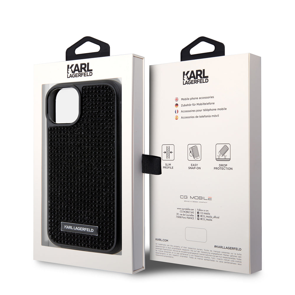 Puzdro pre Apple iPhone 15, Karl Lagerfeld, Rhinestone Metal Plate, Čierne