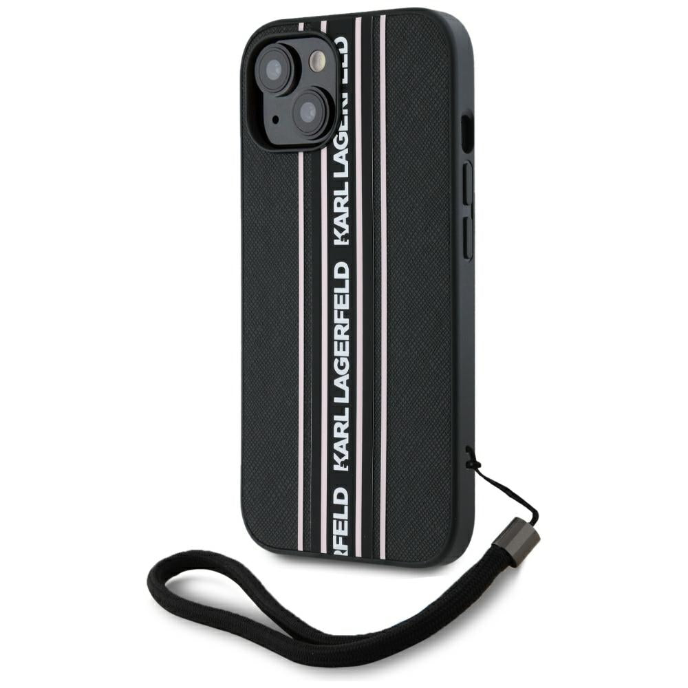 Puzdro pre Apple iPhone 15, Karl Lagerfeld, Saffiano Athleisure Stripes with Strap, Ružové