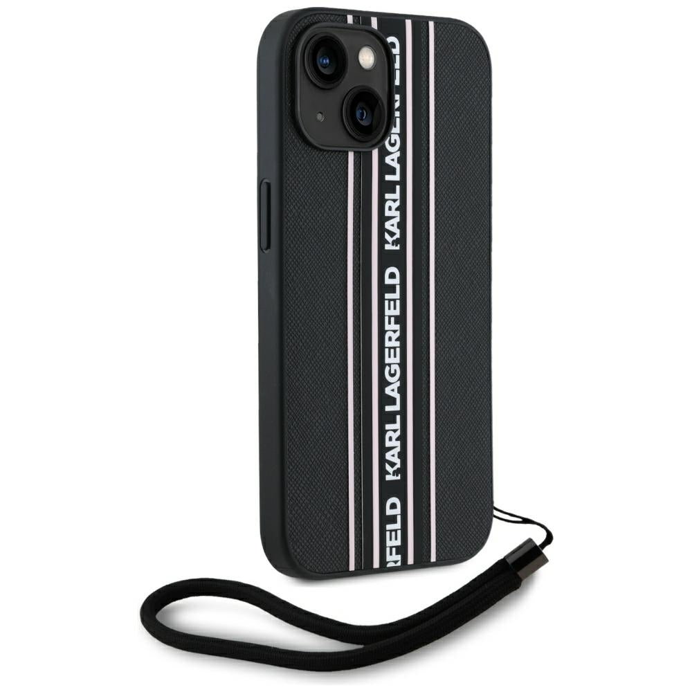 Puzdro pre Apple iPhone 15, Karl Lagerfeld, Saffiano Athleisure Stripes with Strap, Ružové