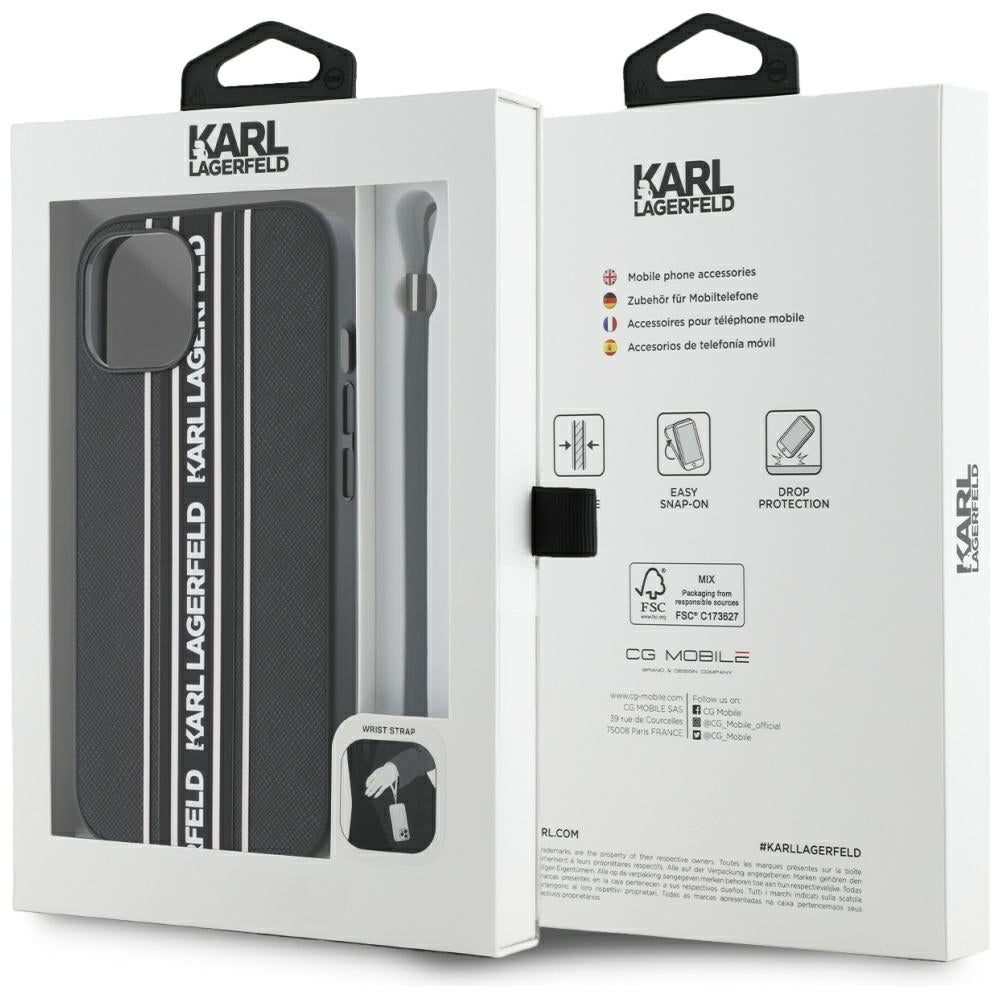 Puzdro pre Apple iPhone 15, Karl Lagerfeld, Saffiano Athleisure Stripes with Strap, Ružové
