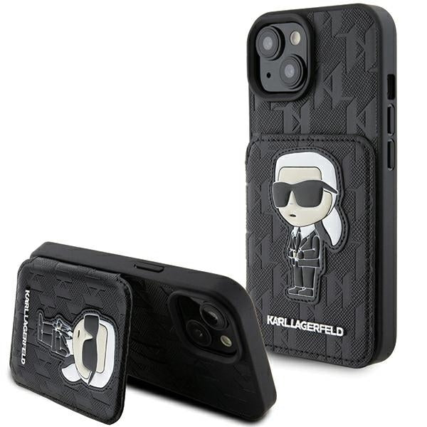Puzdro pre Apple iPhone 15, Karl Lagerfeld, Saffiano Cardslots and Stand Monogram Ikonik Karl, Čierne