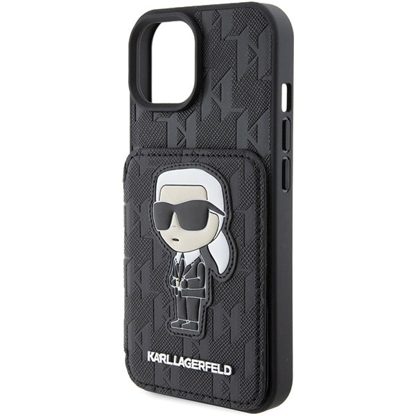 Puzdro pre Apple iPhone 15, Karl Lagerfeld, Saffiano Cardslots and Stand Monogram Ikonik Karl, Čierne