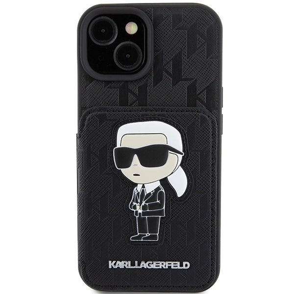 Puzdro pre Apple iPhone 15, Karl Lagerfeld, Saffiano Cardslots and Stand Monogram Ikonik Karl, Čierne