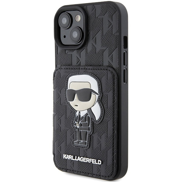 Puzdro pre Apple iPhone 15, Karl Lagerfeld, Saffiano Cardslots and Stand Monogram Ikonik Karl, Čierne