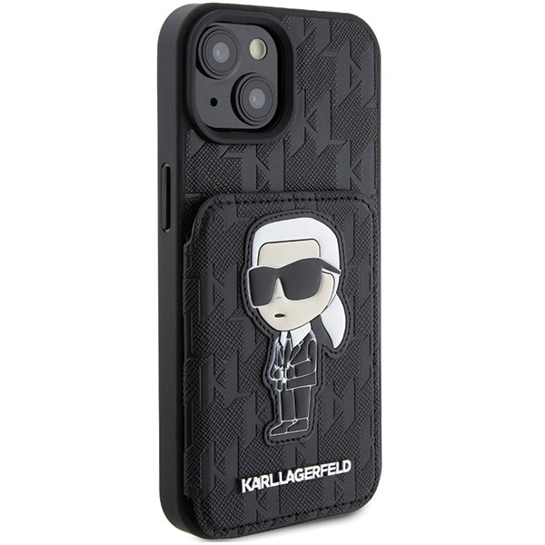Puzdro pre Apple iPhone 15, Karl Lagerfeld, Saffiano Cardslots and Stand Monogram Ikonik Karl, Čierne