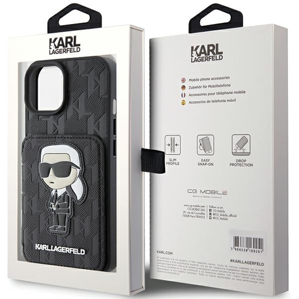 Puzdro pre Apple iPhone 15, Karl Lagerfeld, Saffiano Cardslots and Stand Monogram Ikonik Karl, Čierne